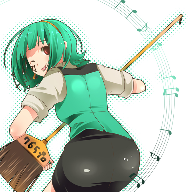 taira tsukune, otonashi kotori, idolmaster, idolmaster (classic), idolmaster 1, uniform, 00s, 1girl, ass, broom, facepaint, female focus, green hair, hairband, halftone, halftone outline, looking back, musical note, one eye closed, outline, red eyes, short hair, skirt, solo, tongue, wink