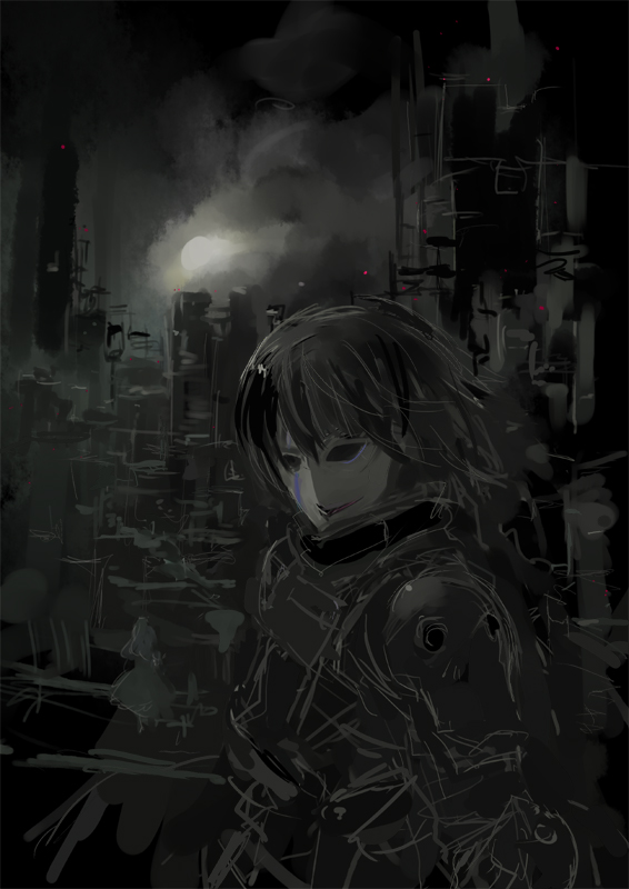 matsumoto noriyuki, hei (darker than black), darker than black, 00s, 1boy, abstract, black theme, dark, greyscale, male focus, mask, monochrome, solo, speed painting