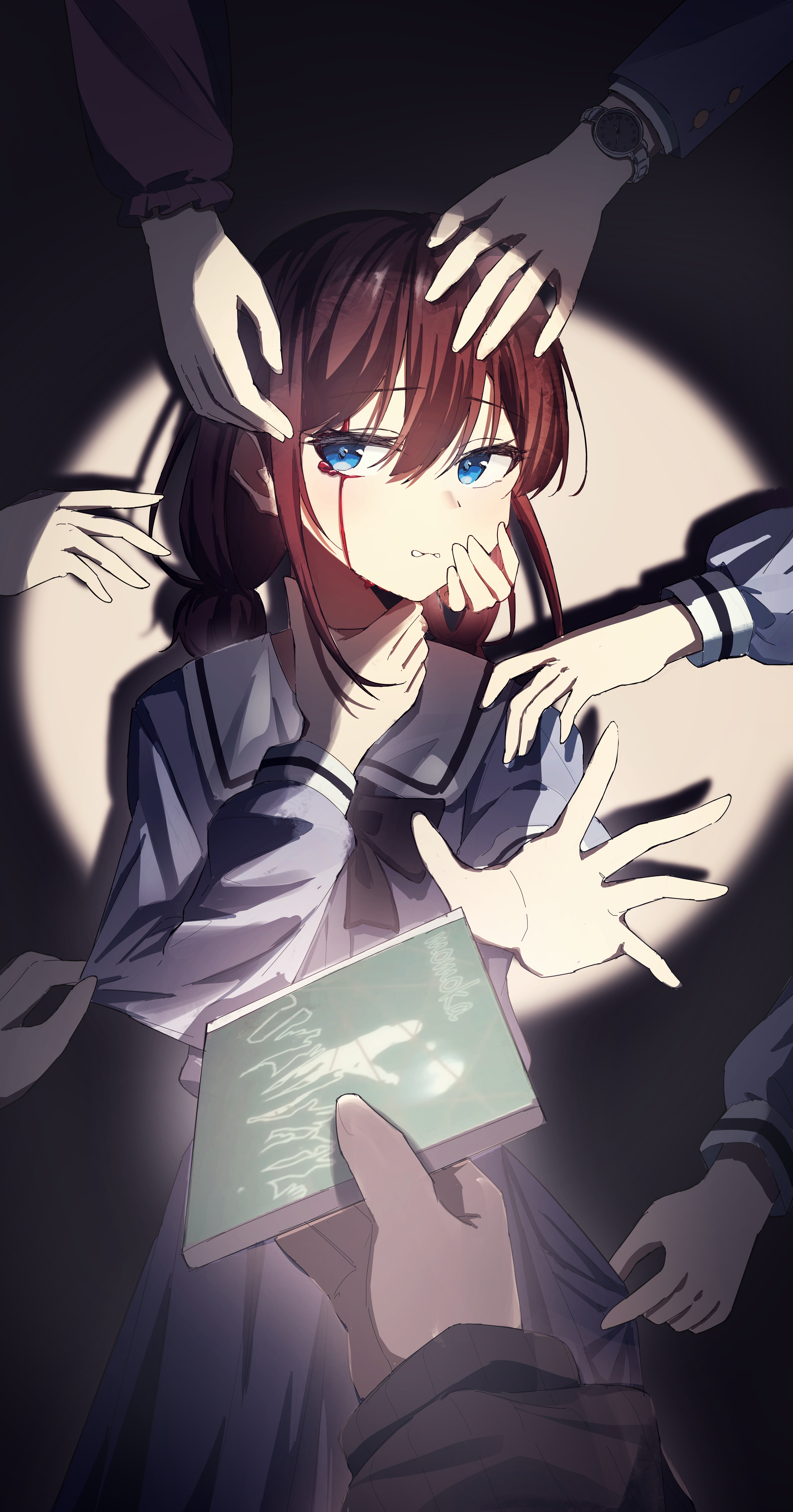 aijotooko, iseri nina, kawaragi momoka, girls band cry, absurdres, commentary request, highres, 6+girls, black bow, black bowtie, blood, blood on face, blue eyes, blue shirt, blue skirt, bow, bowtie, brown hair, cd case, low twintails, medium hair, multiple girls, pulling another's clothes, school uniform, shirt, short twintails, sidelocks, skirt, spotlight, twintails