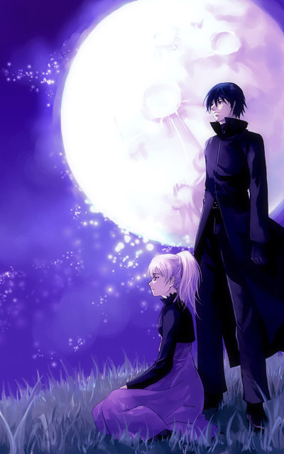 yoeah, hei (darker than black), yin (darker than black), darker than black, bad id, bad pixiv id, image sample, pixiv sample, 00s, 1boy, 1girl, field, full moon, moon, night, purple theme