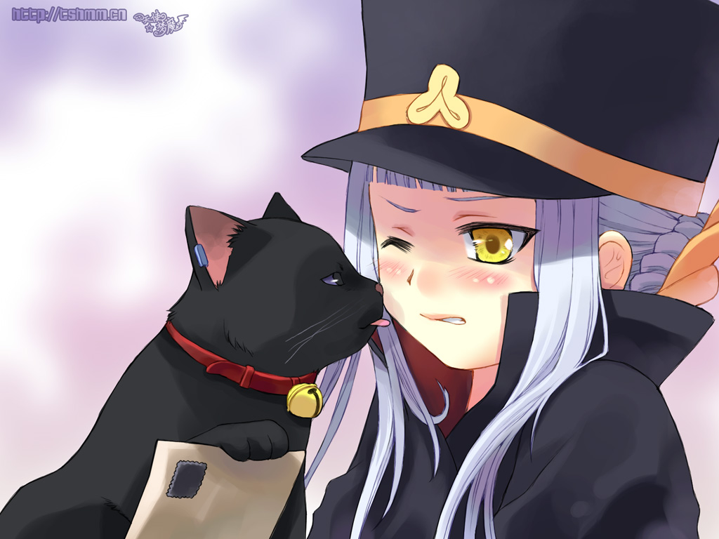 tian shi meng mo, fumika, mao (darker than black), darker than black, shigofumi, 00s, 1girl, bell, black cat, blush, cat, collar, crossover, female focus, hat, letter, licking, neck bell, postage stamp, shako cap, solo, stamp, wince, yellow eyes