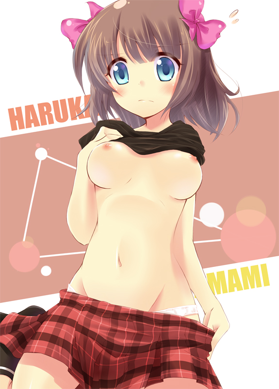 komone ushio, amami haruka, idolmaster, idolmaster (classic), idolmaster 1, bad id, bad pixiv id, 00s, 1girl, blush, bow, breasts, clothes lift, female focus, groin, hair bow, midriff, navel, nipples, no bra, panties, plaid clothes, plaid skirt, ribbon, shirt lift, skirt, solo, underwear, undressing