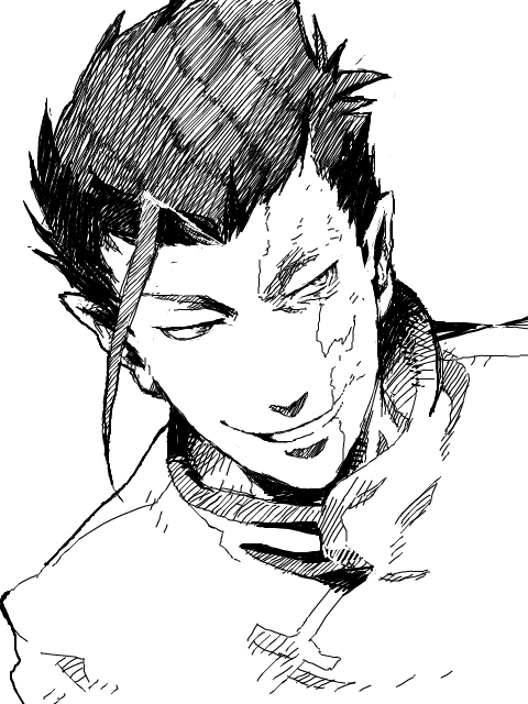 darker than black, bad id, bad pixiv id, 00s, 1boy, elf, fringe trim, greyscale, grin, male focus, monochrome, pointy ears, portrait, scar, smile, solo, upper body, wei zhijun, white background