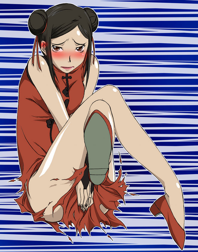 eisbahnx, kirihara misaki, darker than black, 00s, blush, china dress, chinese clothes, double bun, dress, hair bun, legs, red shoes, red theme, shoes, thighs, torn clothes, wardrobe malfunction