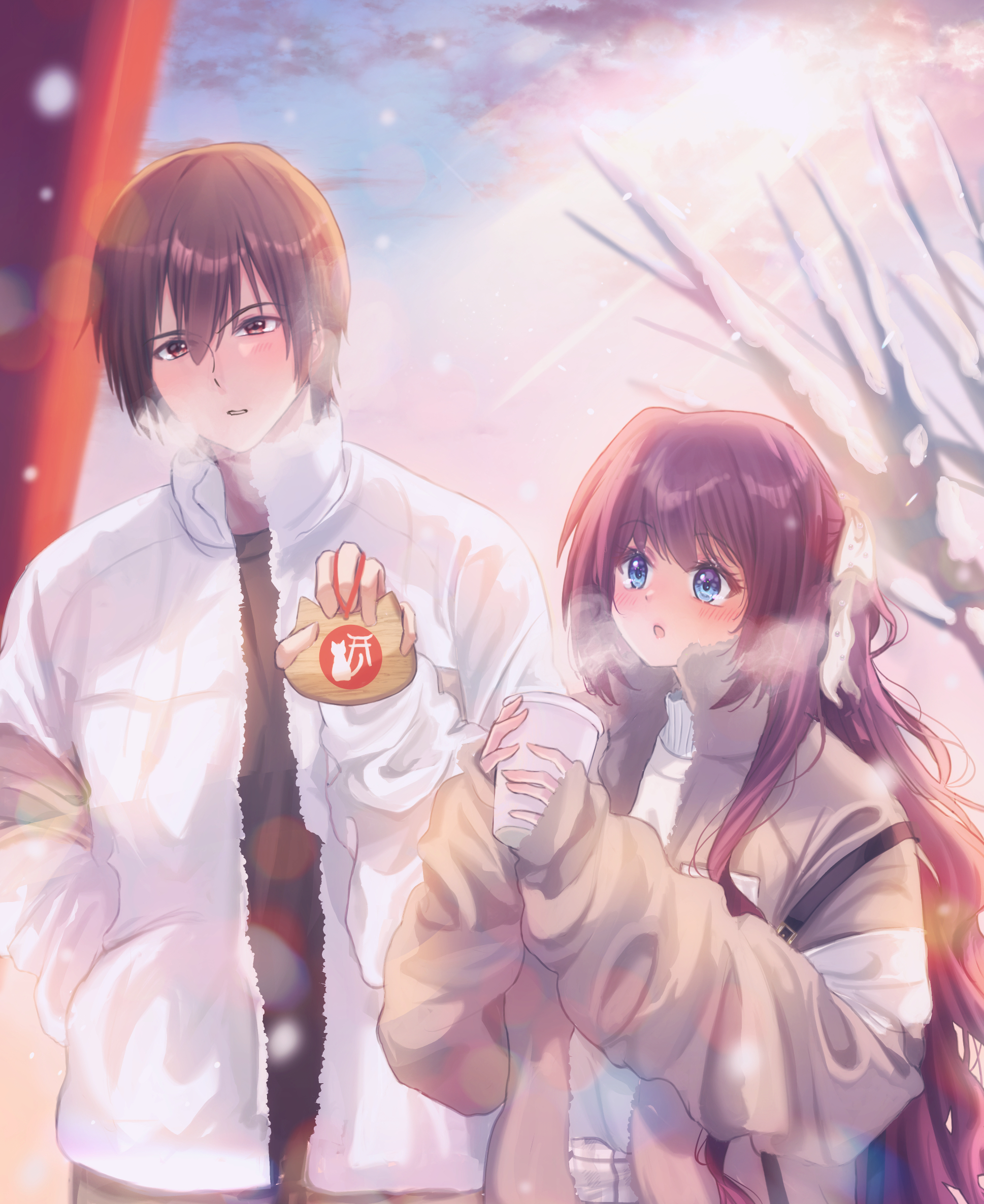 miiizuno lbs, a-chan (little busters!), natsume kyousuke, little busters!, commentary request, highres, 1boy, 1girl, :o, alternate costume, animal print, bare tree, blue eyes, blush, breath, brown coat, brown eyes, brown hair, cat print, coat, cup, day, disposable cup, eyelashes, hair between eyes, hair ribbon, half updo, hand in pocket, hatsumoude, hetero, holding, holding cup, long hair, long sleeves, new year, nose, open mouth, outdoors, ribbon, short hair, sidelocks, sleeves past wrists, snow, snowing, sunlight, torii, tree, upper body, very long hair, wavy hair, white coat, white ribbon, winter, winter clothes