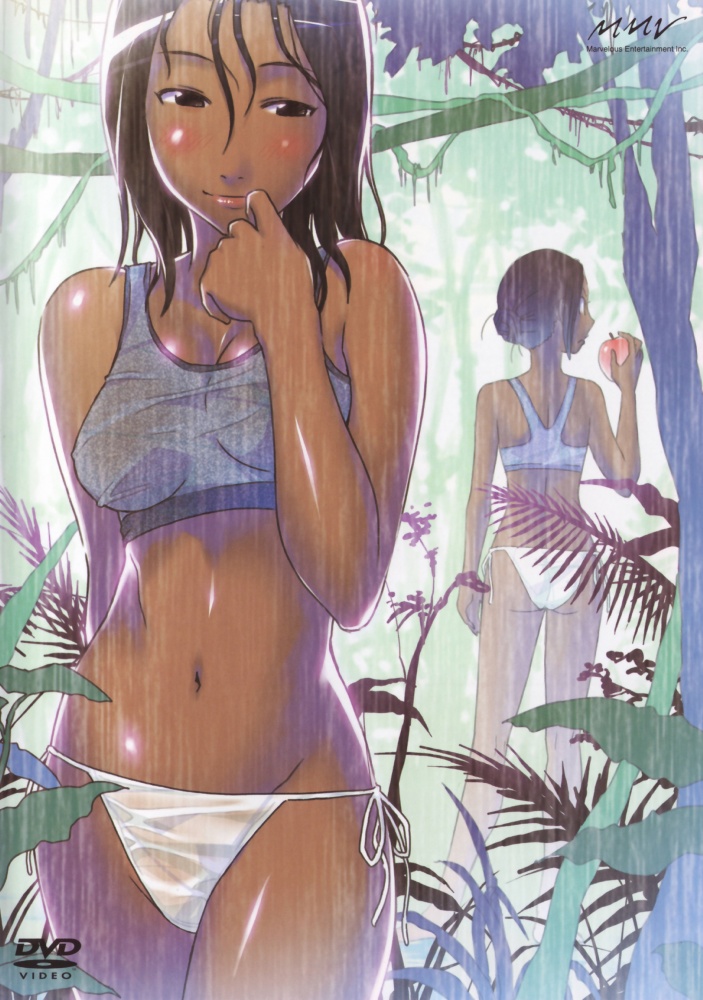 shizuoka mirei, kenkou zenrakei suieibu umishou, ass, bikini, blush, bra, breasts, brown eyes, brown hair, cleavage, cover, dark skin, dvd cover, lingerie, navel, panties, rain, side-tie bikini bottom, swimsuit, underwear, wet