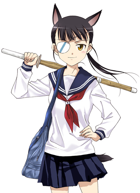 agahari, sakamoto mio, strike witches, world witches series, 00s, 1girl, alternate costume, animal ears, bag, black hair, duffel bag, eyepatch, female focus, school uniform, shinai, solo, sword, tail, weapon