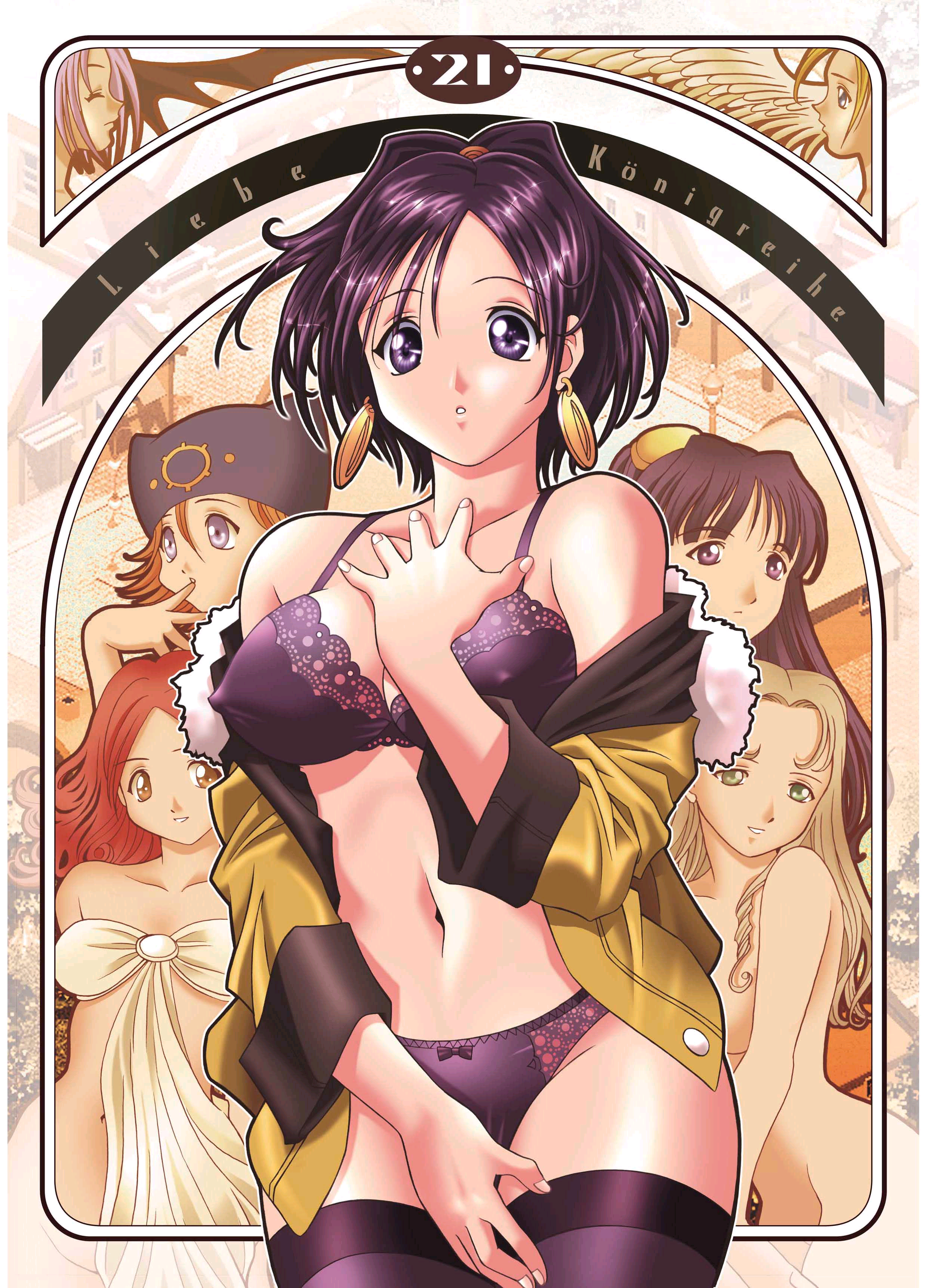 senbata-roh, nano-beta, koisuru oukoku, absurdres, highres, official art, scan, 6+girls, ange (koisuru oukoku), black bra, black hair, black panties, blonde hair, bra, breasts, brown hair, cleavage, completely nude, covered erect nipples, elize von ronzberg, long hair, multiple girls, navel, nemesia dimon, nude, orlea baskeheim, panties, sara schrodinger, smile, solo focus, underwear, undressing