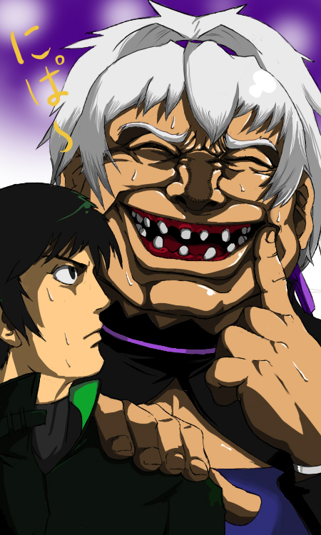 abiko zyozi, hei (darker than black), yin (darker than black), darker than black, shigurui, bad id, bad pixiv id, bad teeth, fingersmile, missing tooth, parody