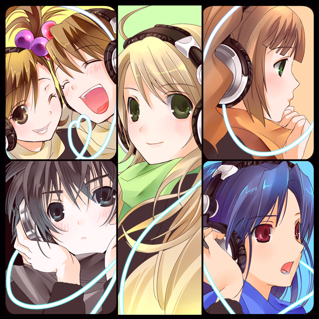 taira tsukune, futami ami, futami mami, hoshii miki, kikuchi makoto, kisaragi chihaya, takatsuki yayoi, idolmaster, idolmaster (classic), idolmaster 1, 00s, 6+girls, ^ ^, ahoge, black eyes, black hair, blonde hair, blue hair, brown hair, closed eyes, green eyes, headphones, multiple girls, music, one eye closed, red eyes, siblings, side ponytail, singing, sisters, twins, twintails, wink