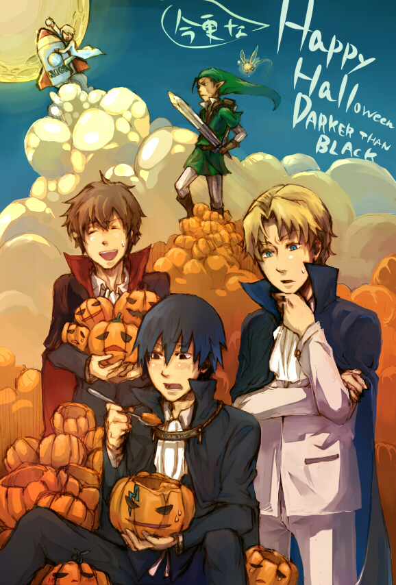 amai, hei (darker than black), link, nick, november 11 (darker than black), princess zelda, darker than black, nintendo, the legend of zelda, bad id, bad pixiv id, 5boys, cape, copyright name, cosplay, english text, fairy, full moon, halloween, happy halloween, holding, holding sword, holding weapon, jack-o'-lantern, link (cosplay), male focus, moon, multiple boys, parody, pumpkin, rocket, sword, vampire, weapon, wei zhijun