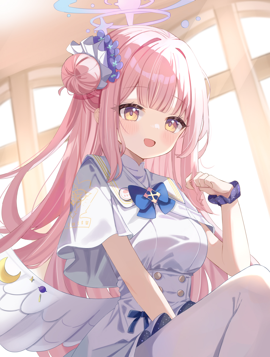 yatani row, mika (blue archive), blue archive, commentary request, highres, 1girl, angel wings, black pantyhose, blue bow, blush, bow, breasts, buttons, capelet, crescent, double-breasted, dress, feathered wings, flower, hair bun, hair flower, hair ornament, halo, long hair, looking at viewer, low wings, medium breasts, open mouth, pantyhose, pink hair, pink halo, scrunchie, single hair bun, single side bun, smile, solo, very long hair, white capelet, white dress, white wings, wing ornament, wings, wrist scrunchie, yellow eyes