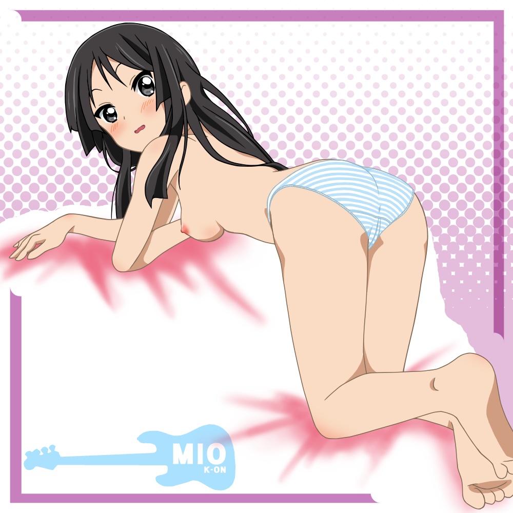rm (rm32), akiyama mio, k-on!, 00s, 1girl, all fours, ass, bad anatomy, bad feet, bad hands, barefoot, black eyes, black hair, blush, breasts, feet, female focus, long hair, looking back, nipples, open mouth, panties, solo, striped clothes, striped panties, topless female, underwear