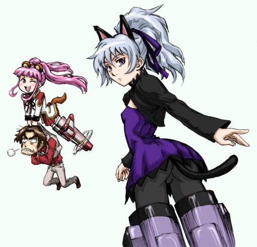 fukuen misato, kayanuma kiko, kurusawa gai, yin (darker than black), darker than black, strike witches, world witches series, bad id, bad pixiv id, 1boy, 2girls, animal ears, ass, cat ears, cat tail, multiple girls, pantyhose, parody, purple skirt, skirt, striker unit, tail, voice actor connection