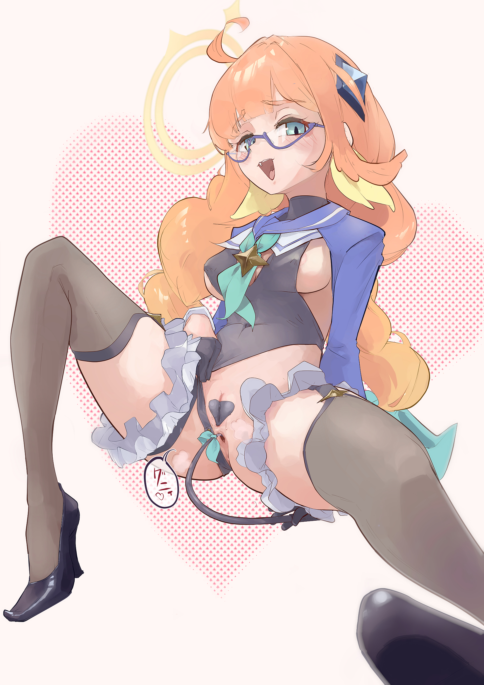 hyperwall1168, shimiko (blue archive), shimiko (magical) (blue archive), blue archive, commentary request, highres, 1girl, ahoge, black leotard, braid, breasts, gloves, halo, high heels, large breasts, leotard, long hair, official alternate costume, orange hair, sailor collar, solo, spread legs, thighhighs