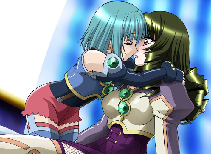 j.h., dominura (simoun), limone (simoun), simoun, white legwear, 00s, 2girls, age difference, aqua hair, bare shoulders, blue thighhighs, blunt bangs, blush, closed eyes, crop top, drill hair, dutch angle, elbow gloves, embarrassed, female focus, fingerless gloves, fishnet pantyhose, fishnets, flat chest, garter straps, gem, gloves, green hair, hug, imminent kiss, kiss, lipstick, loli, long hair, makeup, mature female, multiple girls, onee-loli, open mouth, pantyhose, red eyes, short hair, sidelocks, sitting, strap, surprised, thighhighs, yuri, zettai ryouiki