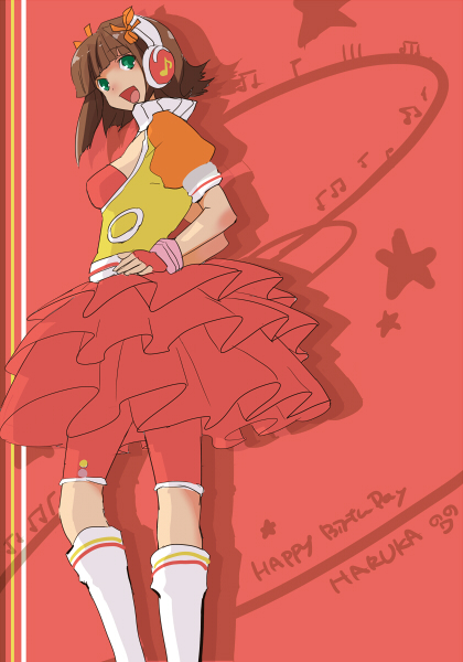 taira tsukune, amami haruka, idolmaster, idolmaster (classic), pop sound blossom, 00s, 1girl, boots, brown hair, female focus, fingerless gloves, gloves, green eyes, hair ribbon, hands on own hips, headphones, knee boots, raglan sleeves, ribbon, solo