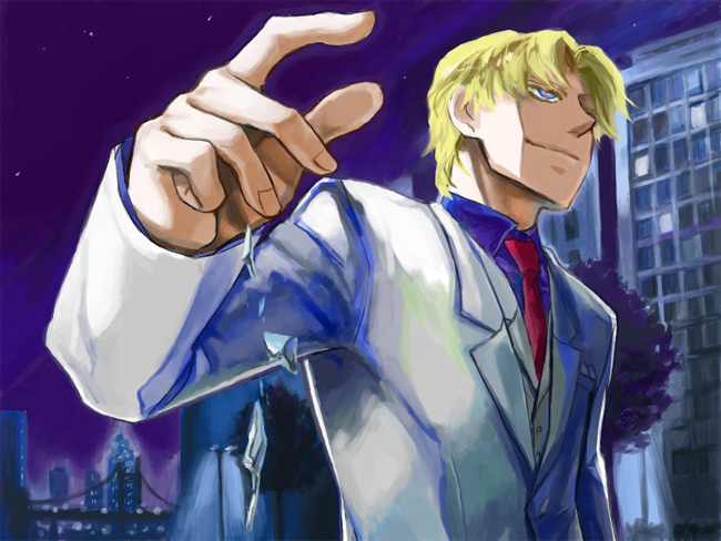 tozai, november 11 (darker than black), darker than black, bad id, bad pixiv id, 00s, 1boy, blonde hair, building, foreshortening, formal clothes, male focus, necktie, smile, solo, suit