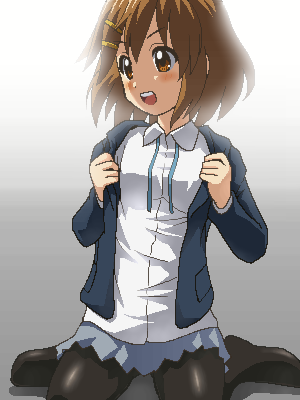 awa, hirasawa yui, k-on!, untied, lowres, 00s, 1girl, brown hair, female focus, jaggy lines, oekaki, pantyhose, school uniform, short hair, skirt, solo