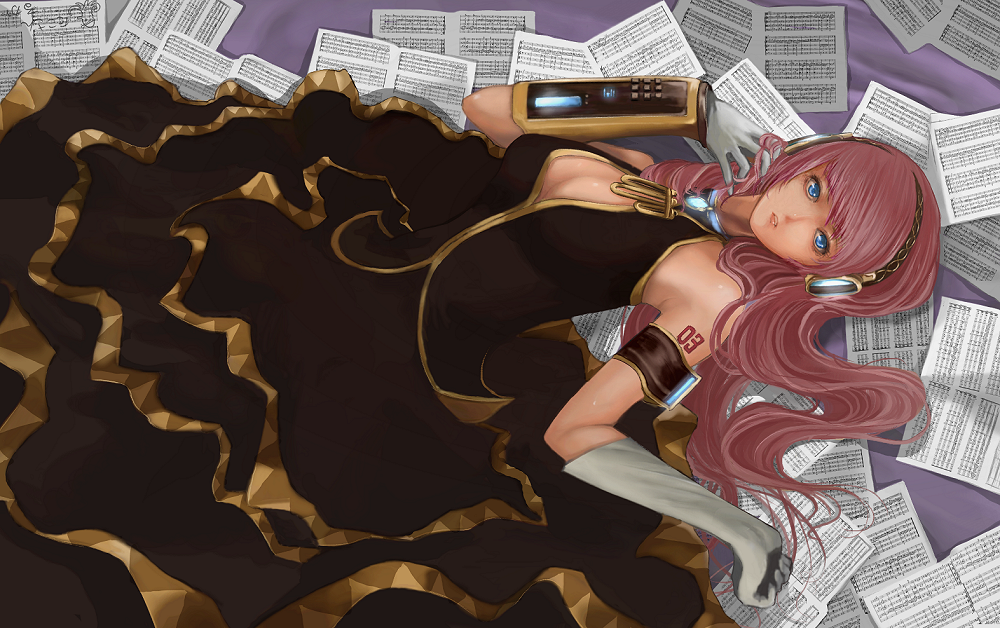 konoe kishi, megurine luka, vocaloid, 1girl, bare shoulders, blue eyes, breasts, cleavage, dress, elbow gloves, female focus, gloves, headphones, large breasts, long hair, lying, pink hair, realistic, sheet music, solo
