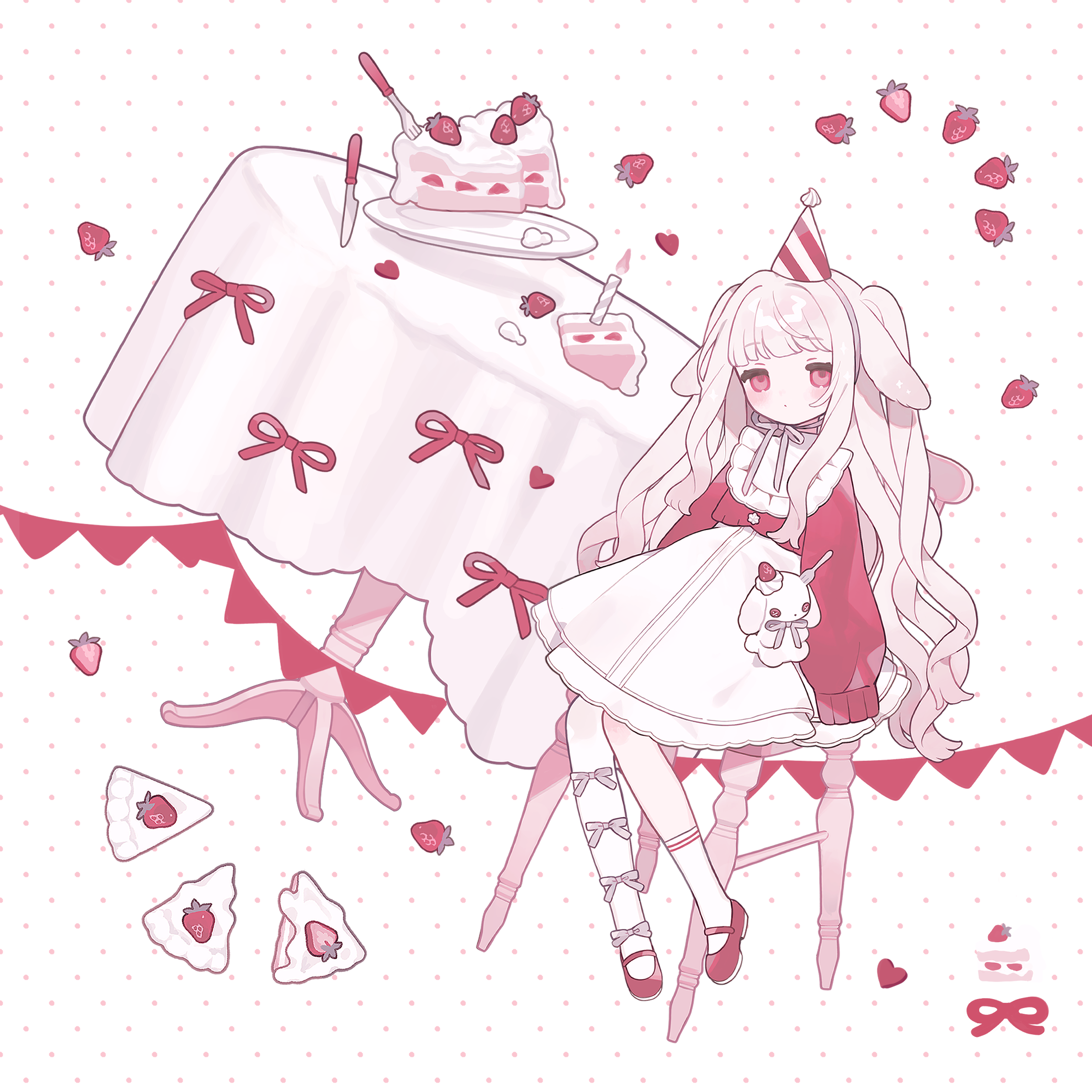 original, commentary, highres, symbol-only commentary, 1girl, asymmetrical legwear, blush, cake, cake slice, candle, closed mouth, food, fruit, full body, hat, long hair, long sleeves, looking at viewer, mary janes, party hat, pink hair, plate, polka dot, polka dot background, red eyes, red hat, red shirt, red shoes, shirt, shoes, single sock, single thighhigh, sitting, skirt, socks, solo, strawberry, table, thighhighs, tokareta tamago, uneven legwear, white background, white skirt, white socks