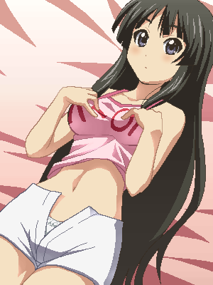 awa, akiyama mio, k-on!, lowres, 00s, 1girl, black hair, blunt bangs, female focus, hime cut, jaggy lines, long hair, midriff, navel, oekaki, panties, solo, underwear, white panties
