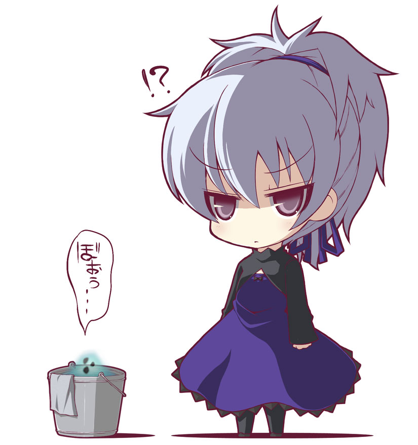 crazy developers, yin (darker than black), darker than black, bad id, bad pixiv id, !, !?, 00s, 1girl, ?, annoyed, bucket, chibi, dress, female focus, purple dress, solo