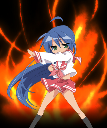 takeya yuuki, takeyasan, izumi konata, kamen rider, lucky star, 00s, 1girl, ahoge, blue hair, female focus, fighting stance, green eyes, long hair, mole, mole under eye, panties, pantyshot, school uniform, serafuku, socks, solo, underwear, very long hair