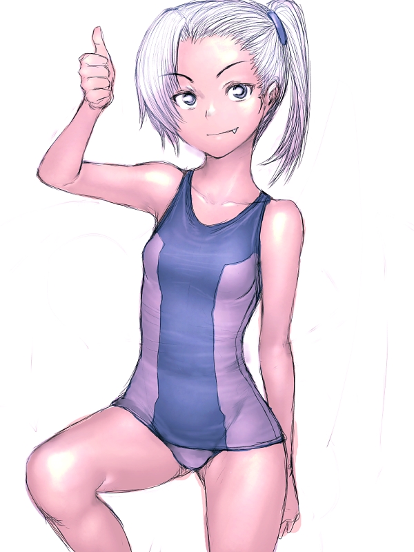 fumio (rsqkr), silver hair, bare shoulders, blue eyes, fang, flat chest, one-piece swimsuit, short hair, side ponytail, simple background, solo, swimsuit, thumbs up