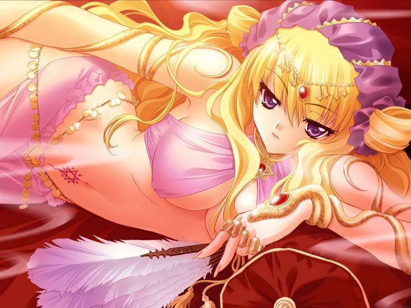 tagme, 1girl, blonde hair, bra, breasts, female focus, hand fan, lingerie, long hair, nail polish, navel, purple eyes, solo, staring, tattoo, underwear