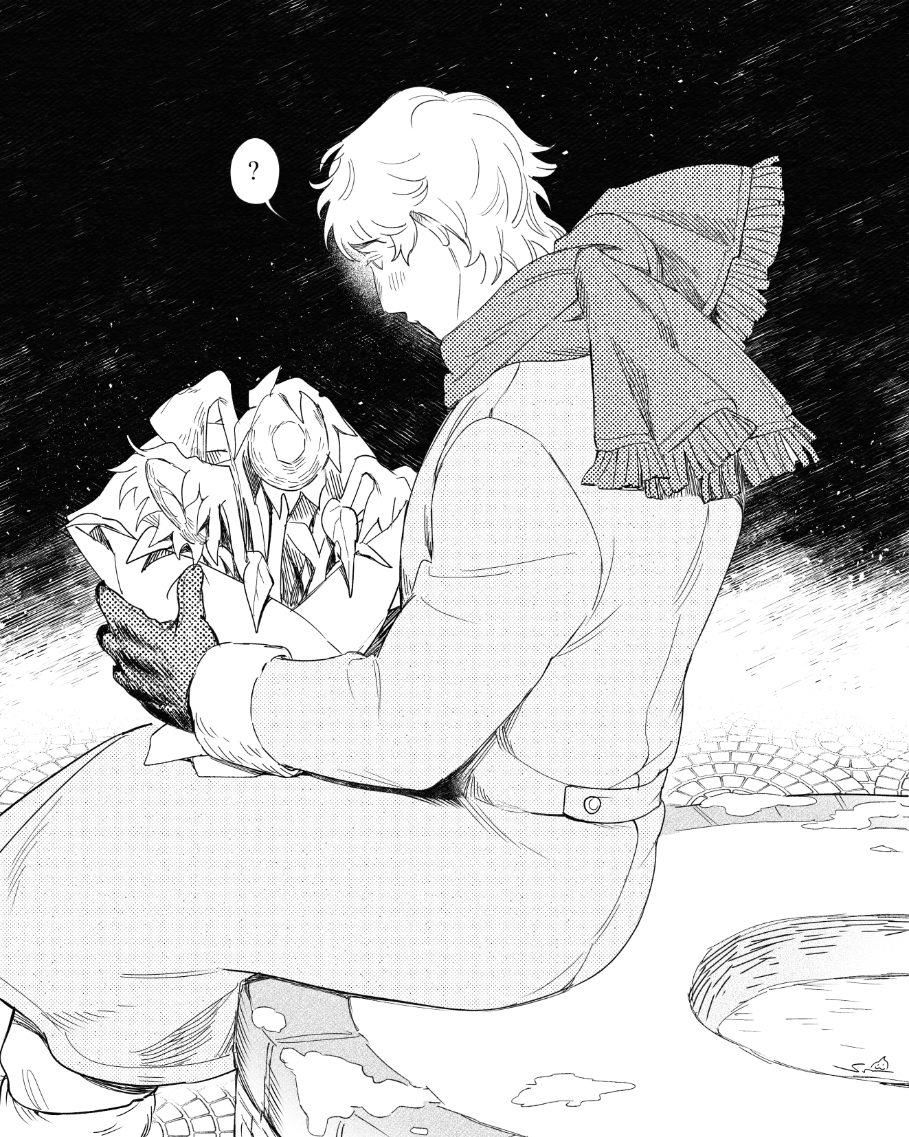 qia li, russia (hetalia), axis powers hetalia, commentary, highres, symbol-only commentary, 1boy, ?, blush, bouquet, closed mouth, coat, flower, from behind, fur-trimmed sleeves, fur trim, gloves, greyscale, holding, holding bouquet, leaf, long sleeves, looking at object, looking down, male focus, monochrome, night, night sky, outdoors, scarf, short hair, sitting, sky, snow, snowing, solo, speech bubble, spoken question mark, sunflower, winter