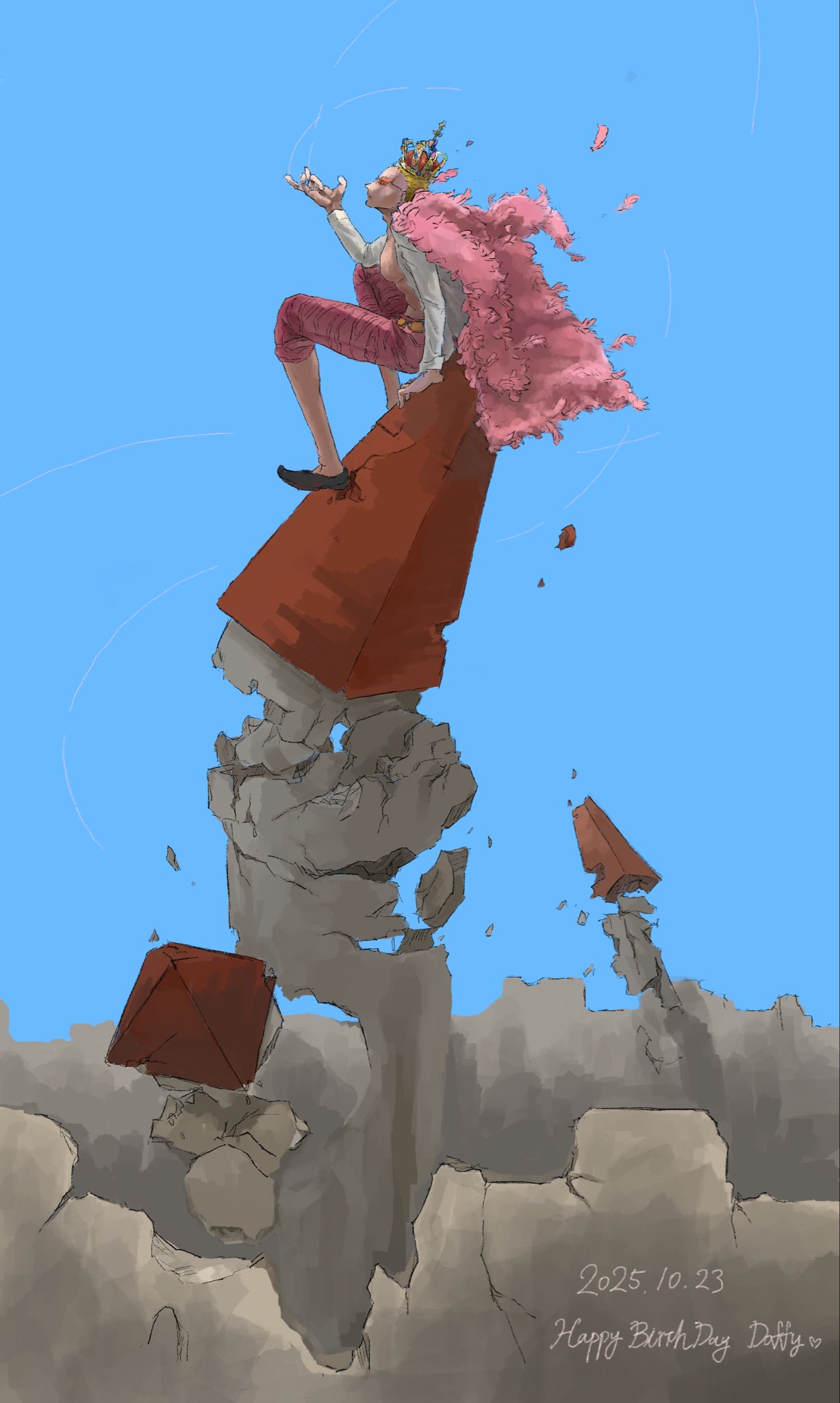 donquixote doflamingo, one piece, highres, 1boy, 2025, blonde hair, capri pants, coat, crown, crumbling, dated, english text, happy birthday, male focus, muscular, muscular male, open clothes, open shirt, pants, pink coat, rokuroku 6ppu, shirt, short hair, sitting, symbolism, thread, tower, white shirt