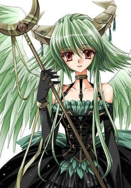tagme, black dress, brown hair, choker, dress, green hair, short hair, staff