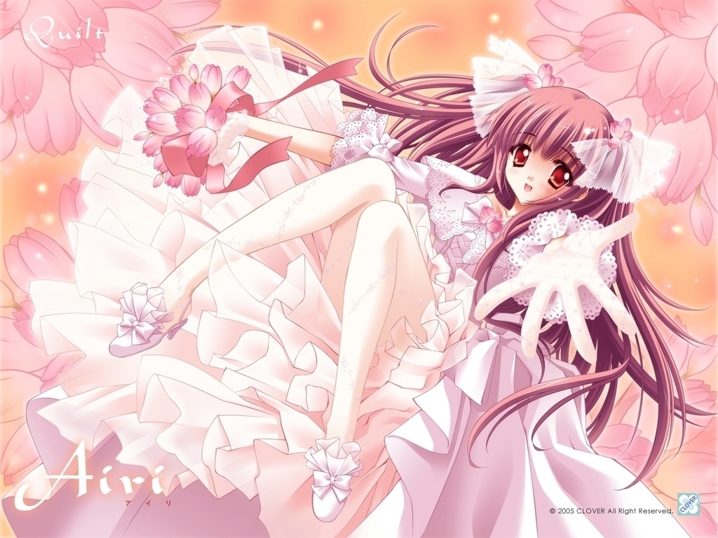 airi (quilt), 1girl, blanket, brown eyes, dress, female focus, flower, long hair, open mouth, outstretched hand, quilt, red hair, shoes, thighhighs, white dress