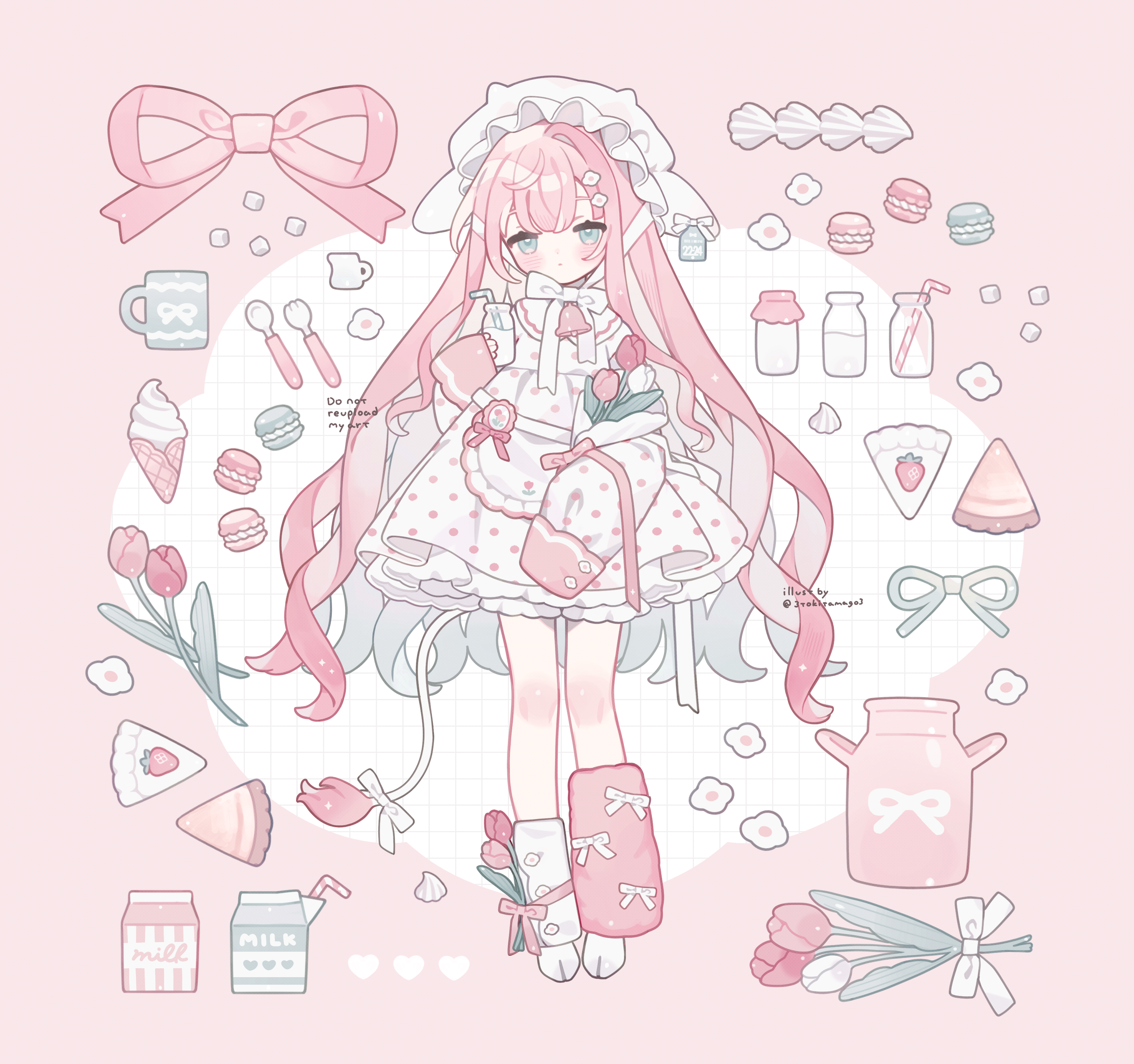 original, absurdres, commentary, highres, symbol-only commentary, 1girl, blush, cake, cake slice, chin strap, closed mouth, cream, cup, dress, drinking straw, flower, food, fork, full body, goat girl, goat tail, green eyes, hat, holding, holding jar, ice cream, jar, leg warmers, long hair, long sleeves, looking at viewer, macaron, milk, milk carton, orange flower, orange tulip, pie, pie slice, pink hair, polka dot, polka dot dress, red flower, red tulip, ribbon, solo, spoon, standing, tail, tokareta tamago, tulip, white background, white dress, white flower, white hat, white ribbon, white tulip