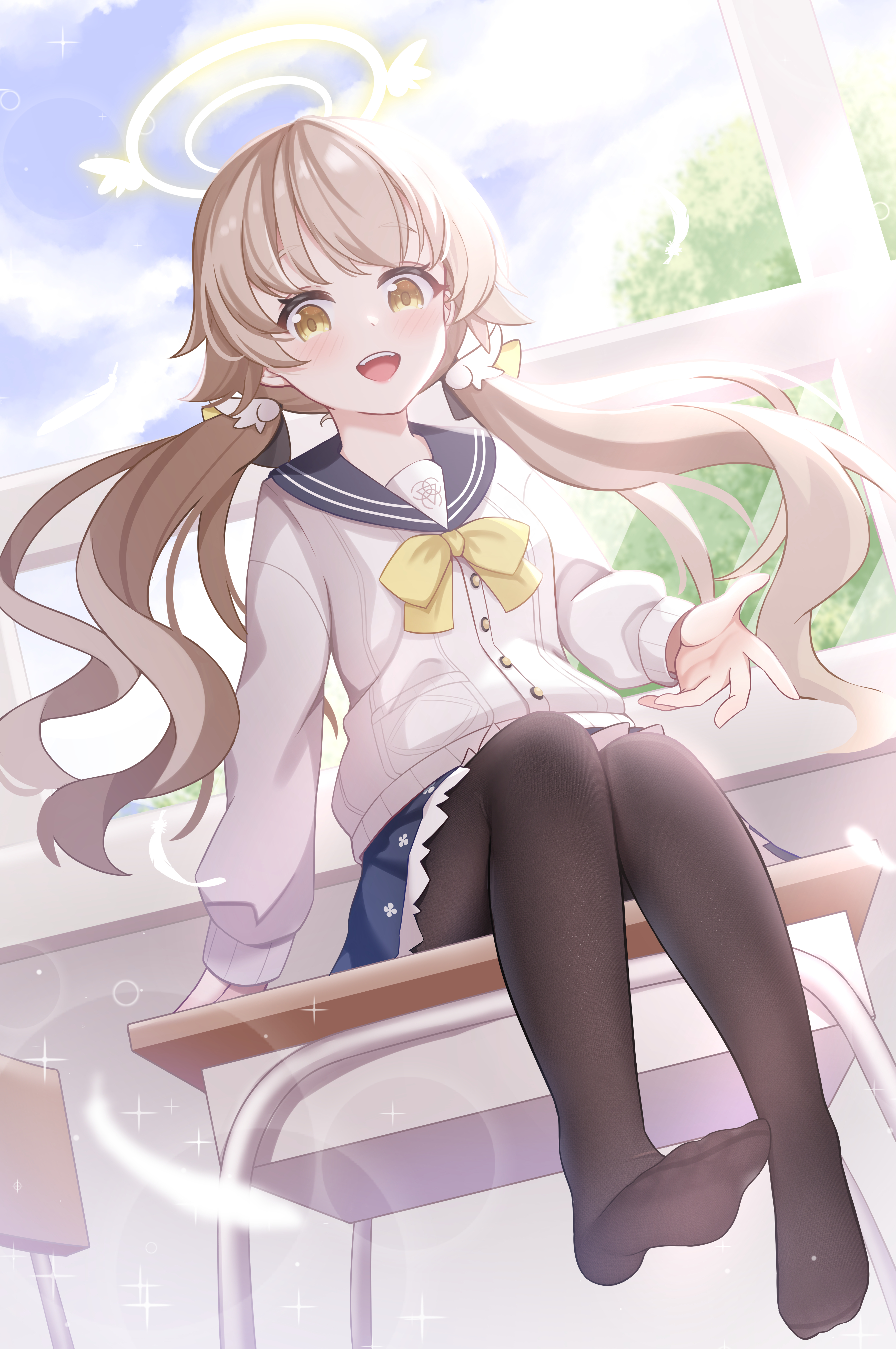 daoyan, hifumi (blue archive), blue archive, absurdres, commentary, highres, 1girl, :d, black pantyhose, black sailor collar, blue skirt, blush, bow, bowtie, brown hair, buttons, cardigan, classroom, day, desk, dutch angle, feet, fine fabric emphasis, floating hair, frilled skirt, frills, full body, hair between eyes, hair ornament, halo, hand up, happy, indoors, legs, long hair, long sleeves, looking at viewer, low twintails, miniskirt, no shoes, on desk, open mouth, pantyhose, sailor collar, school desk, school uniform, serafuku, sidelighting, sitting, skirt, smile, soles, solo, sparkle, tareme, teeth, toes, twintails, upper teeth only, very long hair, white cardigan, window, wing hair ornament, winged halo, yellow bow, yellow bowtie, yellow eyes, yellow halo