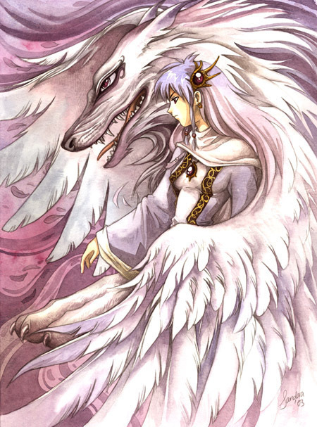 tagme, 1girl, fangs, female focus, hair ornament, hairpin, solo, upper body, white hair, wings, wolf