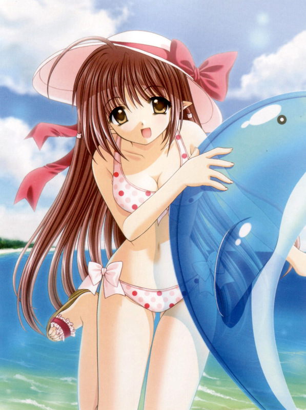 beach, bikini, bra, breasts, cleavage, hair ribbon, hat, inflatable dolphin, inflatable toy, lingerie, long hair, navel, open mouth, pointy ears, red hair, ribbon, sandals, sun hat, swimsuit, thighhighs, underwear