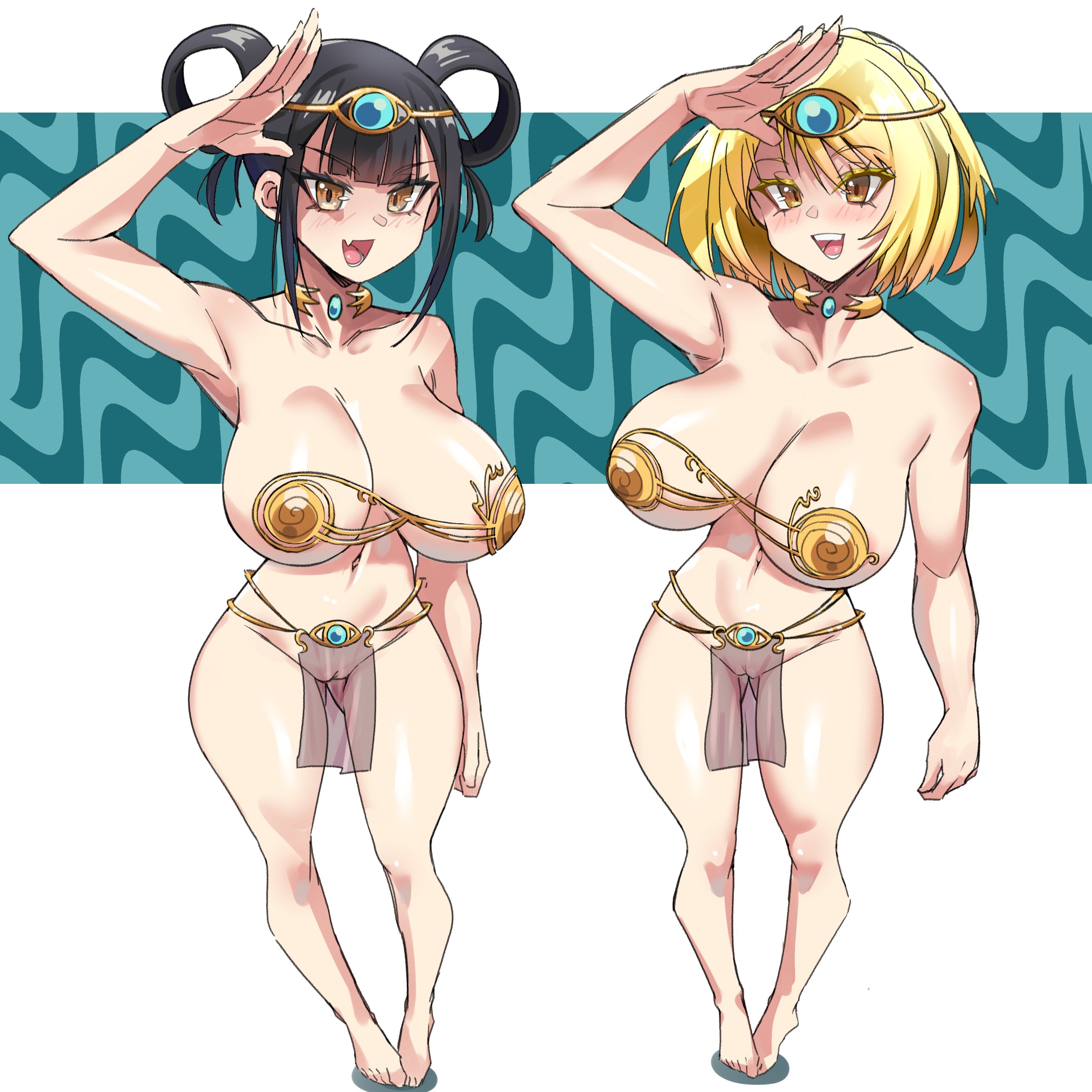 konaloid, suo kazusa, tsujita makoto, nue no onmyouji, absurdres, highres, 2girls, arm up, black hair, blonde hair, blush, breasts, dancer, fang, hair rings, large breasts, multiple girls, navel, pelvic curtain, pussy, see-through clothes, see-through pelvic curtain, shading eyes, short hair, skin fang, yellow eyes