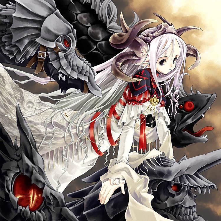 sumi keiichi, aquarian age, 00s, 1girl, dragon, fantasy, female focus, frills, horns, long hair, pointy ears, red eyes, single horn, slit pupils, solo, weird fish, white hair