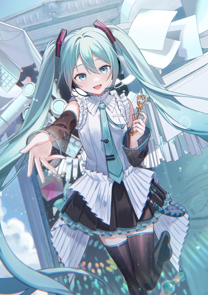 vs0mr, hatsune miku, vocaloid, commentary request, highres, 1girl, aqua eyes, aqua hair, aqua nails, aqua necktie, aqua trim, black skirt, blush, boots, detached sleeves, frilled shirt, frilled shirt collar, frills, hair between eyes, hair ornament, hatsune miku happy 16th birthday -dear creators-, headset, holding, holding key, key, long hair, long sleeves, looking at viewer, miniskirt, necktie, official alternate costume, open mouth, pleated skirt, reaching, reaching towards viewer, shirt, skirt, smile, solo, thigh boots, thighhighs, very long hair, wide sleeves, wings, zettai ryouiki