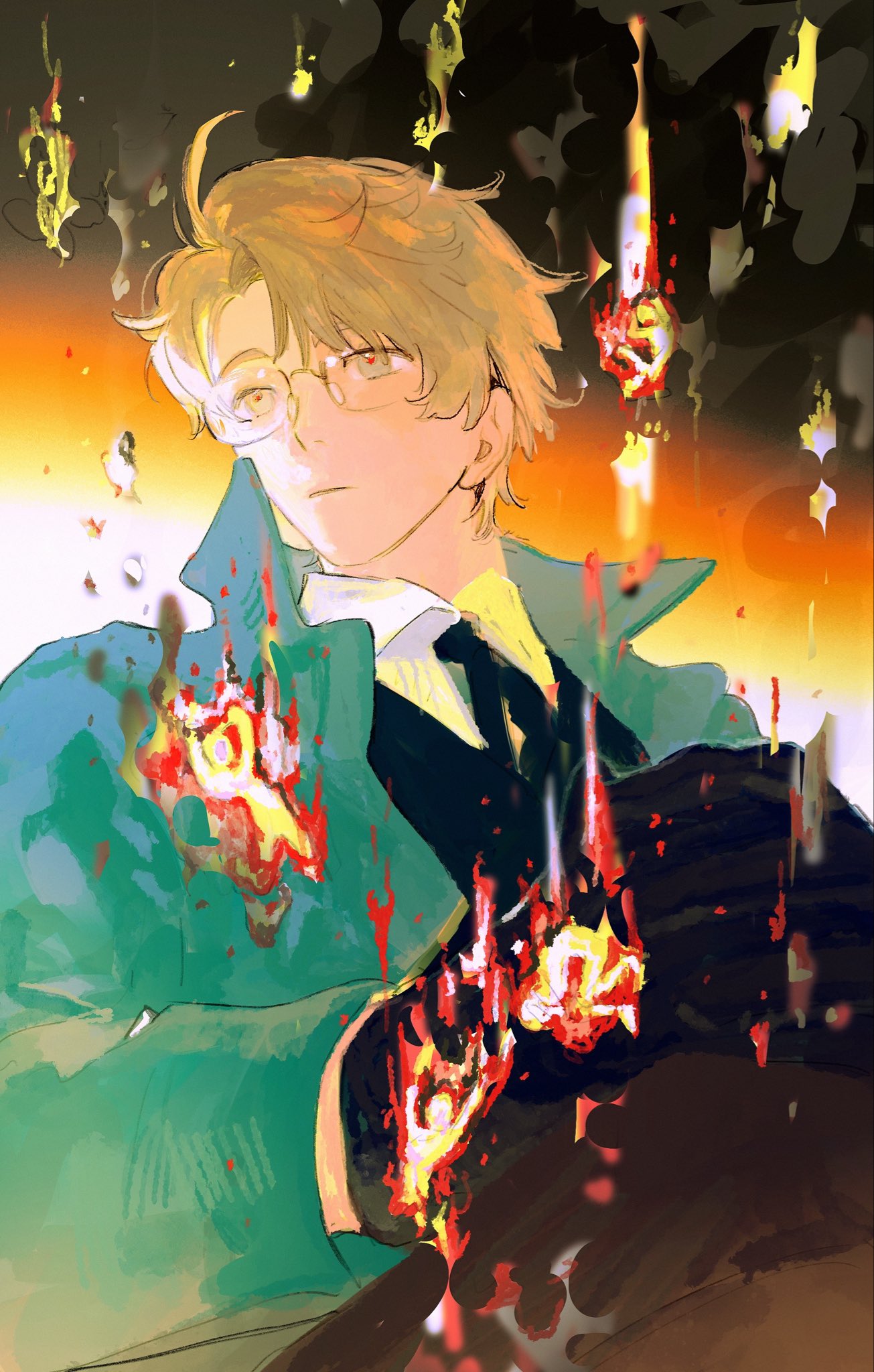 eji gakuki, america (hetalia), axis powers hetalia, commentary, english commentary, highres, 1boy, ahoge, black gloves, black necktie, black vest, blonde hair, blue eyes, blue jacket, brown-framed eyewear, closed mouth, collared shirt, fire, glasses, gloves, grey background, hair between eyes, jacket, long sleeves, looking afar, male focus, necktie, official alternate costume, open clothes, open jacket, own hands together, red pupils, semi-rimless eyewear, shirt, short hair, solo, two-tone background, upper body, vest, white background, white shirt