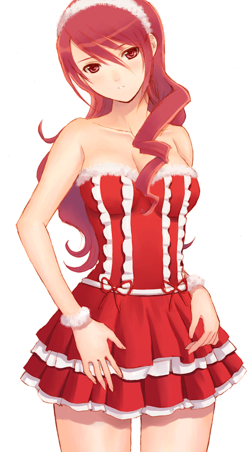 seiru (prairie), kirijou mitsuru, atlus, persona, persona 3, 1girl, bare shoulders, breasts, christmas, cleavage, female focus, long hair, red eyes, red hair, solo
