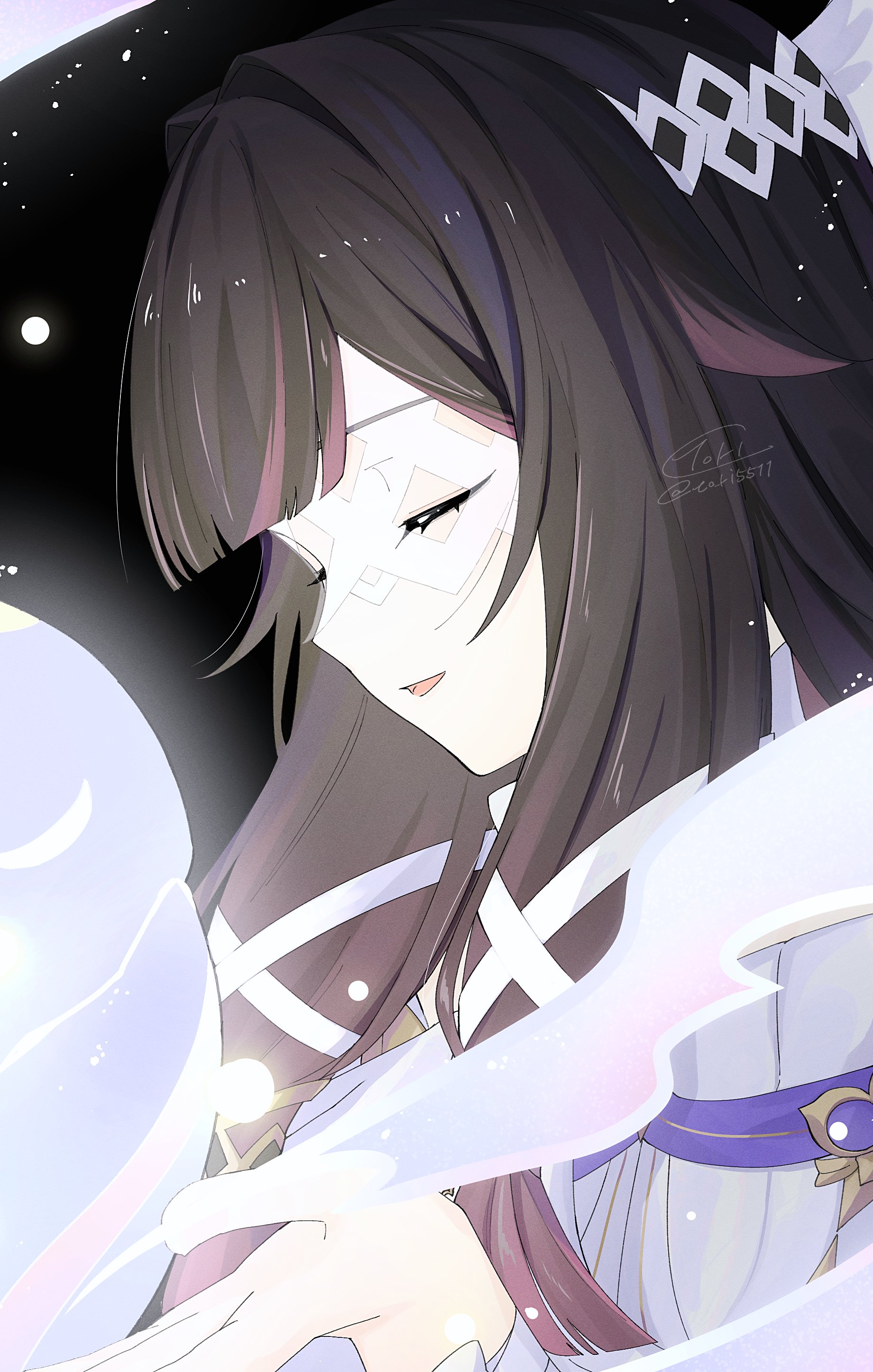 owl 5151, columbina (genshin impact), genshin impact, absurdres, highres, 1girl, black hair, closed eyes, dress, eye mask, hair intakes, hair ornament, hair ribbon, long hair, mask, multicolored hair, pink hair, ribbon, signature, solo, twitter username, two-tone hair, upper body, white dress, white ribbon