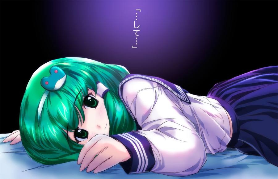 yamaguchi takashi, yamaguchi yuu, kochiya sanae, touhou, translated, 1girl, alternate costume, bed, blush, female focus, green eyes, green hair, long hair, lying, matching hair/eyes, on stomach, school uniform, serafuku, skirt, solo, text focus