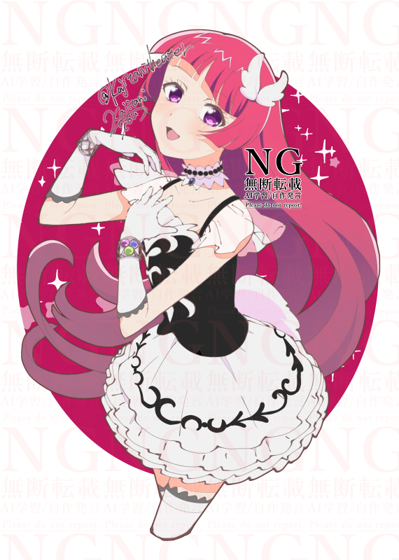 hojo sophy, pretty series, pripara, commentary request, 1girl, :d, black shirt, blunt bangs, choker, cropped legs, gloves, hands up, kajitani kou, layered skirt, long hair, looking at viewer, open mouth, purple eyes, red hair, shirt, skirt, smile, solo, sparkle, standing, white choker, white gloves, white skirt