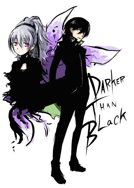 kanamari yukikuni, nagiko, hei (darker than black), yin (darker than black), darker than black, silver hair, bad id, bad pixiv id, 00s, 1boy, 1girl, black hair, english text, purple eyes, white background