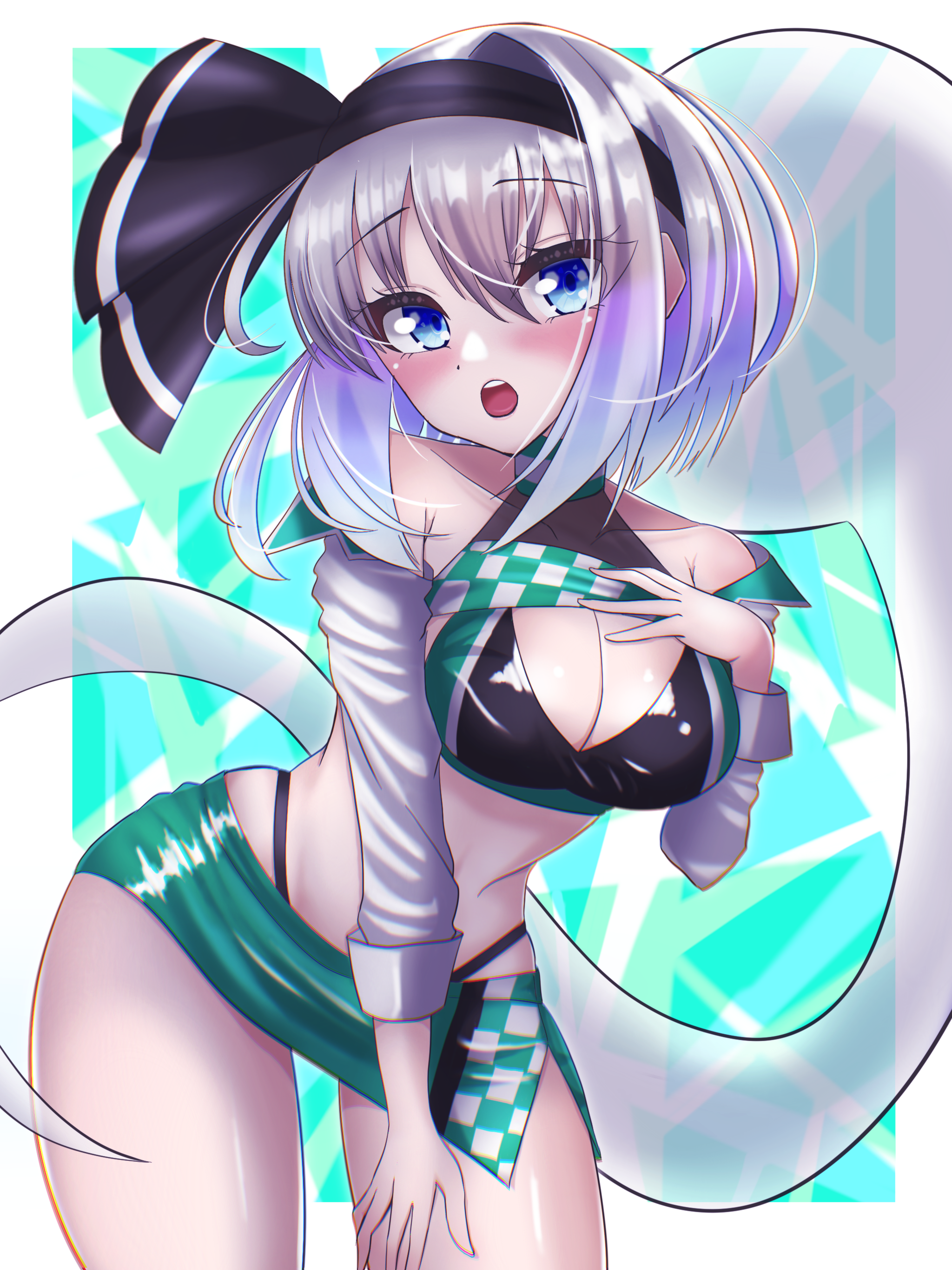 kate (iloveyorm), konpaku youmu, touhou, absurdres, highres, blue eyes, breasts, cleavage, green skirt, grey hair, hairband, halterneck, highleg, highleg panties, large breasts, long sleeves, medium hair, miniskirt, open mouth, panties, race queen, ribbon, skirt, underwear
