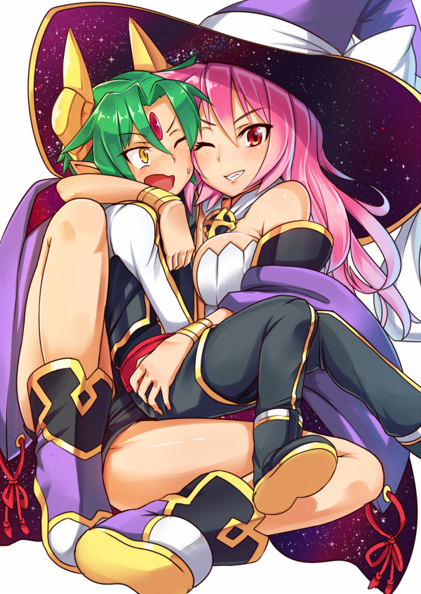 hawe king, ark mateus, magiko magika, shinrabanshou, 1boy, 1girl, age difference, black pants, black shorts, blush, breasts, cheek-to-cheek, cleavage, clenched teeth, daikenja magiko, detached sleeves, forehead jewel, gold horns, green hair, hat, heads together, hug, long hair, multicolored shoes, one eye closed, onee-shota, open mouth, pants, pink hair, pointy ears, red eyes, short hair, shorts, sitting, sitting on person, sweatdrop, teeth, white background, witch hat, yellow eyes