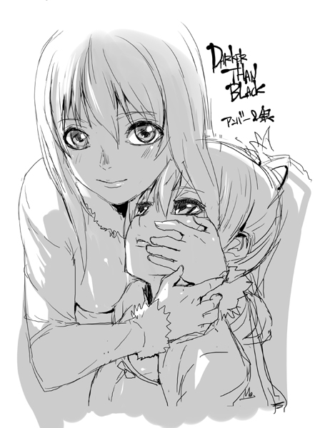 ashiomi masato, amber (darker than black), yin (darker than black), darker than black, 00s, 2girls, greyscale, hug, lineart, monochrome, multiple girls